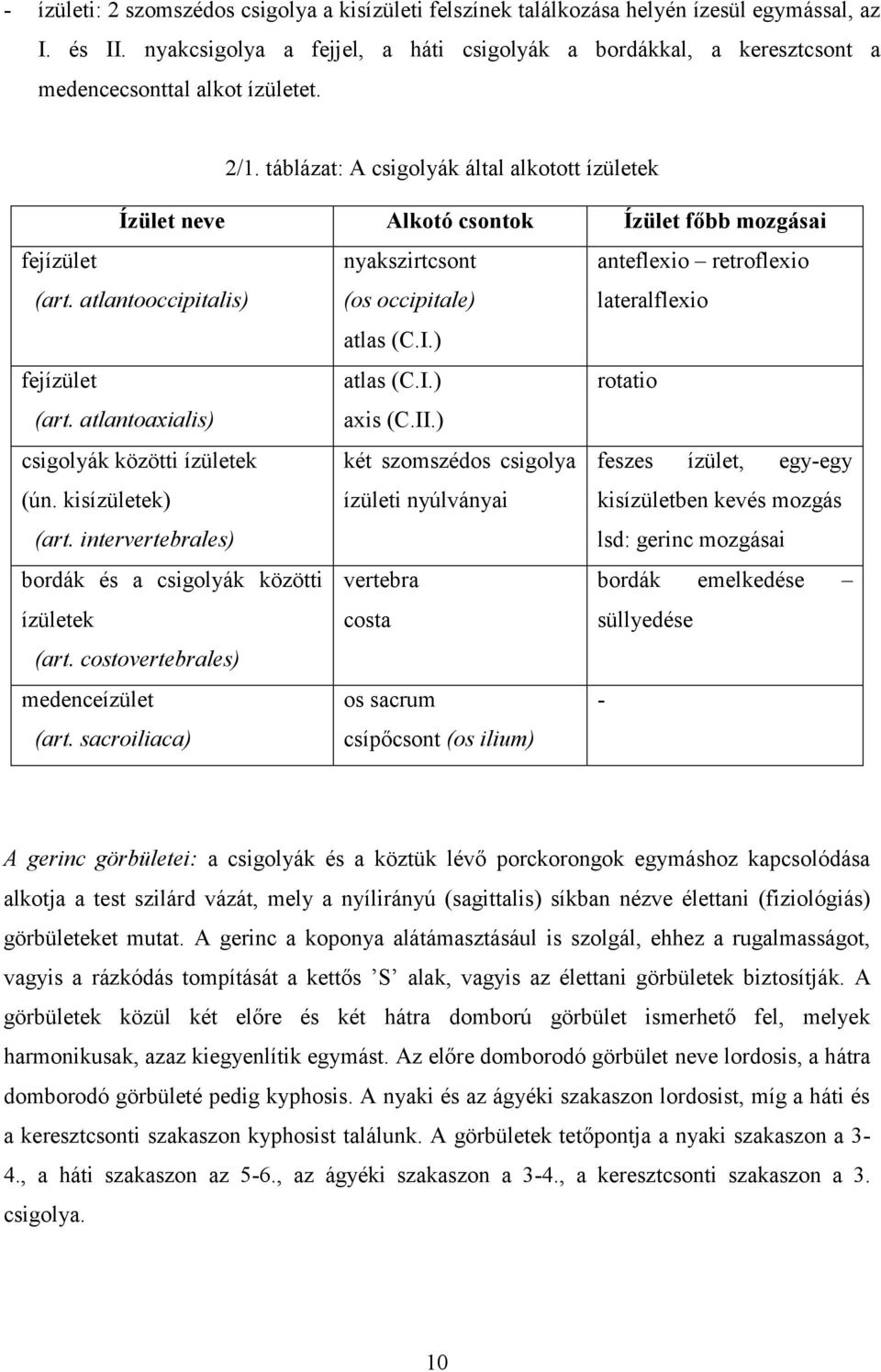 táblázat: A csigolyák által alkotott ízületek Ízület neve Alkotó csontok Ízület főbb mozgásai fejízület nyakszirtcsont anteflexio retroflexio (art.