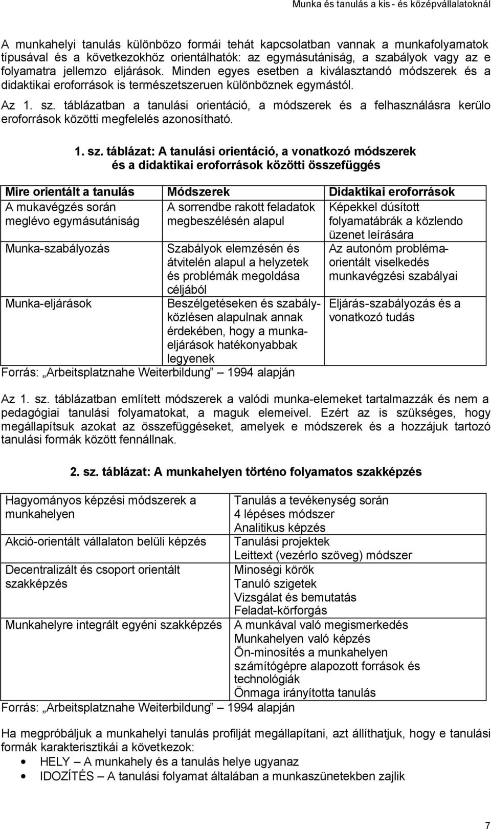 táblázatban a tanulási orientáció, a módszerek és a felhasználásra kerülo eroforrások közötti megfelelés azonosítható. 1. sz.