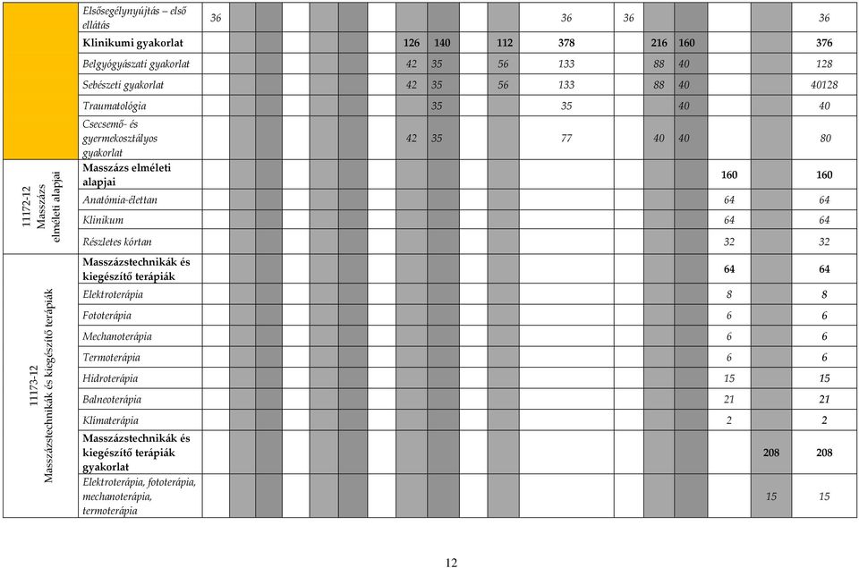 40 40 80 160 160 Anatómia-élettan 64 64 Klinikum 64 64 Részletes kórtan 32 32 Masszázstechnikák és kiegészítő terápiák 64 64 Elektroterápia 8 8 Fototerápia 6 6 Mechanoterápia 6 6
