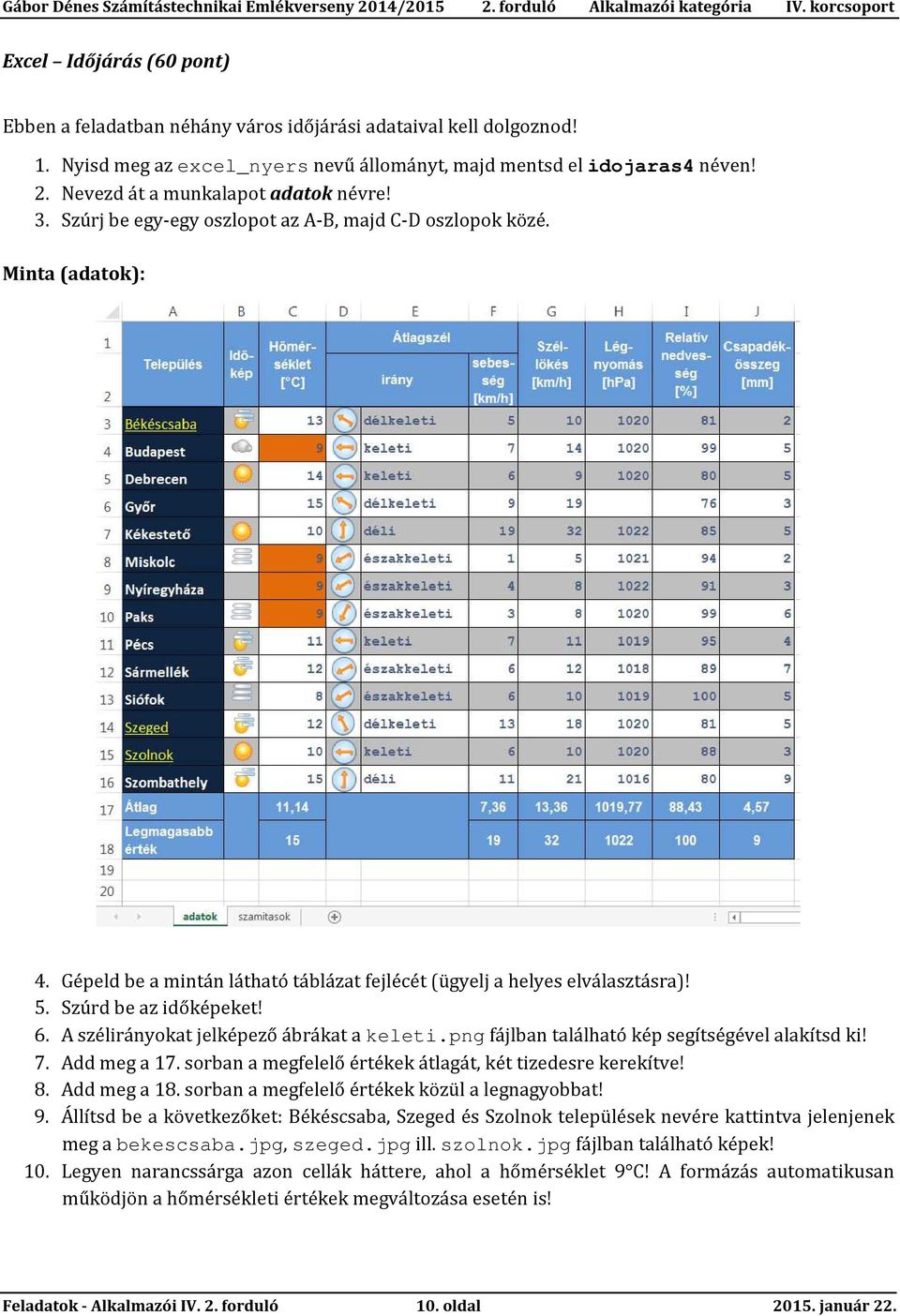 Szúrd be az időképeket! 6. A szélirányokat jelképező ábrákat a keleti.png fájlban található kép segítségével alakítsd ki! 7. Add meg a 17. sorban a megfelelő értékek átlagát, két tizedesre kerekítve!