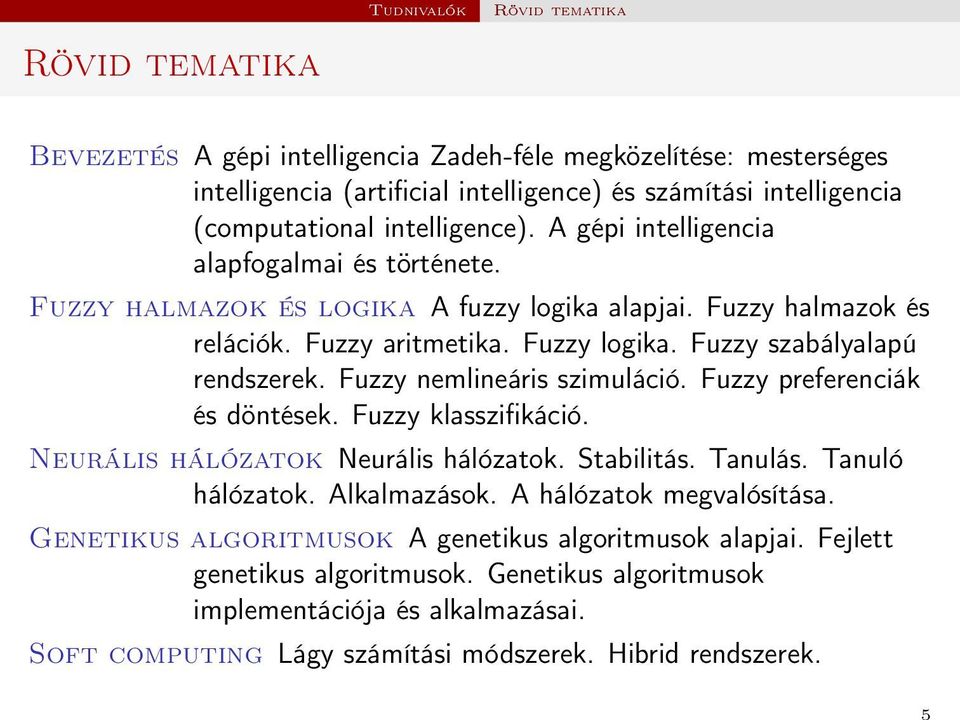 Fuzzy szabályalapú rendszerek. Fuzzy nemlineáris szimuláció. Fuzzy preferenciák és döntések. Fuzzy klasszifikáció. Neurális hálózatok Neurális hálózatok. Stabilitás. Tanulás. Tanuló hálózatok.