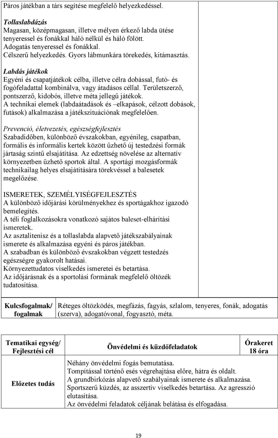 Labdás játékok Egyéni és csapatjátékok célba, illetve célra dobással, futó- és fogófeladattal kombinálva, vagy átadásos céllal. Területszerző, pontszerző, kidobós, illetve méta jellegű játékok.