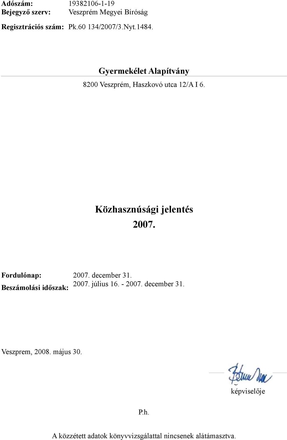 december 31. Beszámolási időszak: 2007. július 16. - 2007. december 31. Veszprem, 2008.