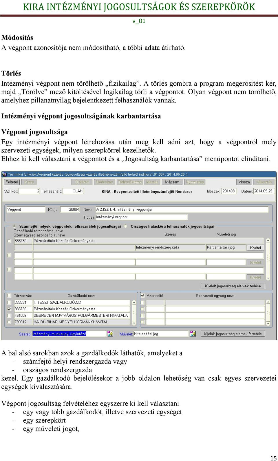 Intézményi végpont jogosultságának karbantartása Végpont jogosultsága Egy intézményi végpont létrehozása után meg kell adni azt, hogy a végpontról mely szervezeti egységek, milyen szerepkörrel