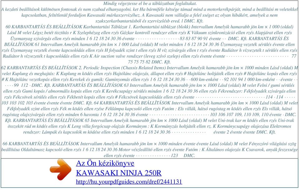 A Kawasaki nem vállalja a felel sséget az olyan hibákért, amelyek a nem szakszerkarbantartásból és szervizelésb ered. l DMC. Kft. 60 KARBANTARTÁS ÉS BEÁLLÍTÁSOK Karbantartási Táblázat 1.