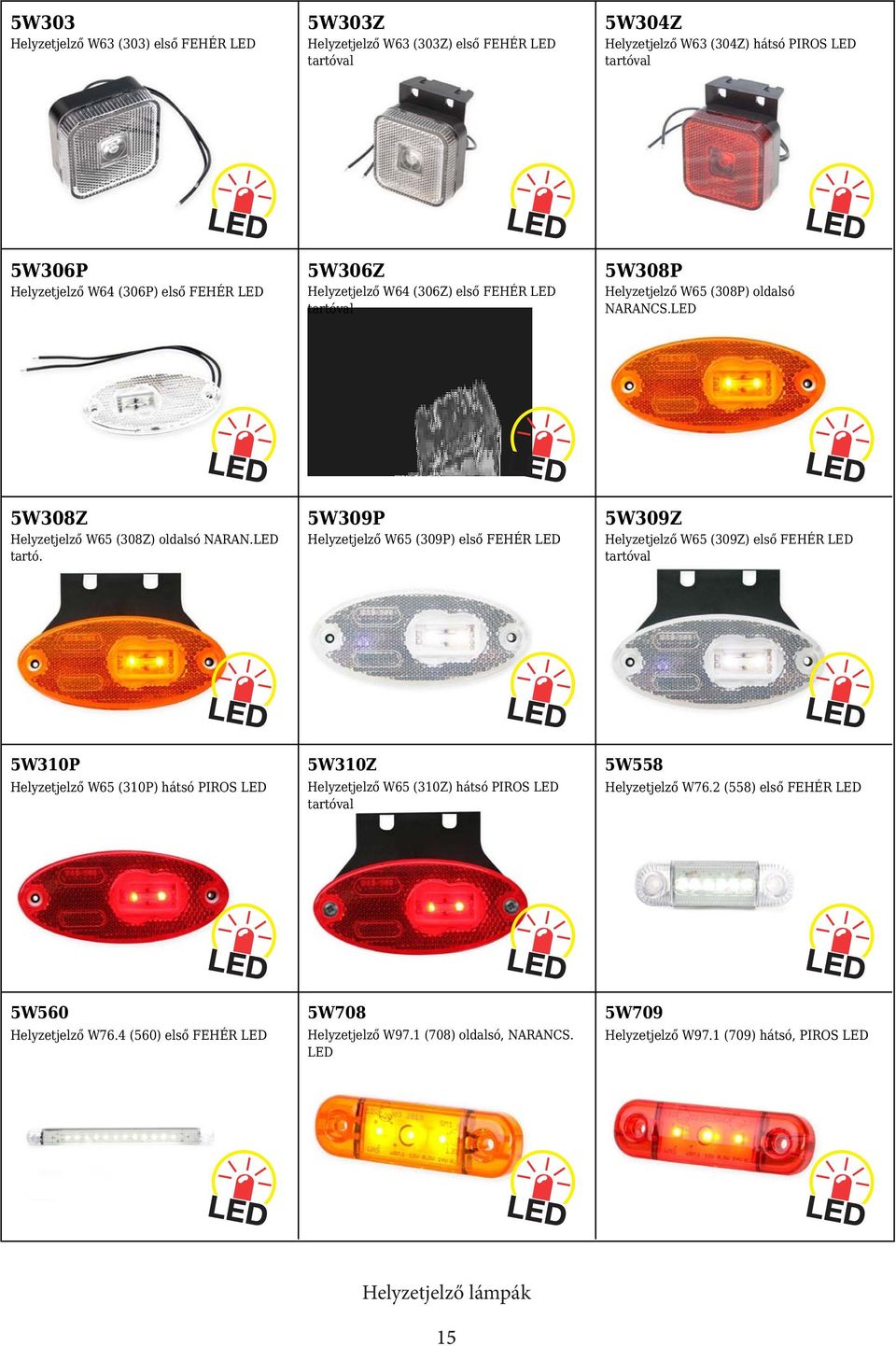 al 5W308P Helyzetjelző W65 (308P) oldalsó NARANCS.LED 5W308Z Helyzetjelző W65 (308Z) oldalsó NARAN.LED tartó.