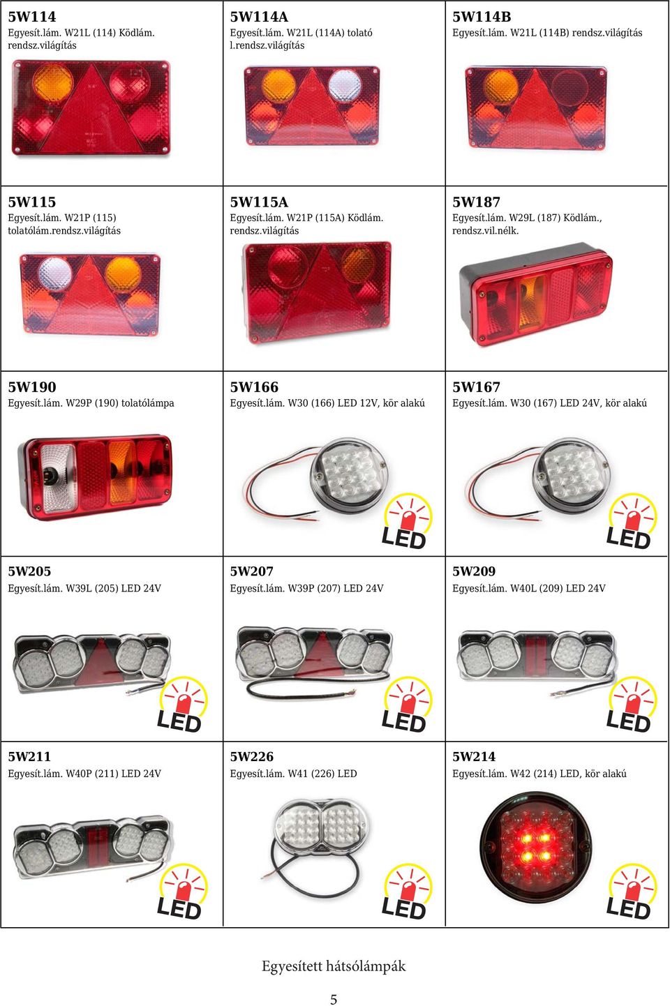 lám. W30 (166) LED 12V, kör alakú 5W167 Egyesít.lám. W30 (167) LED 24V, kör alakú 5W205 Egyesít.lám. W39L (205) LED 24V 5W207 Egyesít.lám. W39P (207) LED 24V 5W209 Egyesít.lám. W40L (209) LED 24V 5W211 Egyesít.