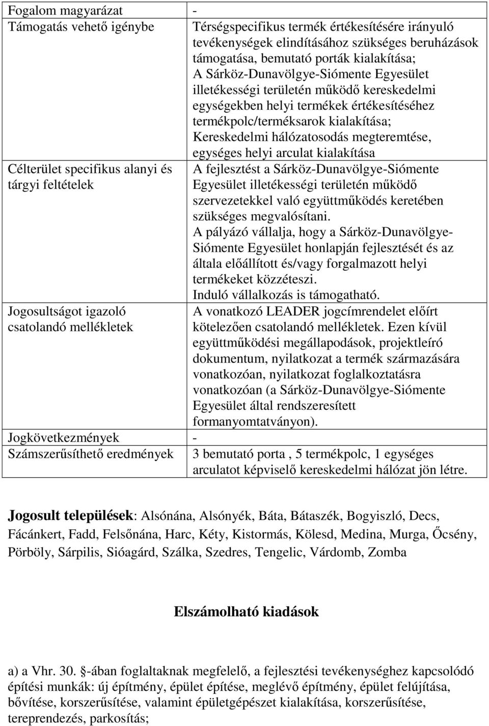 megteremtése, egységes helyi arculat kialakítása Célterület specifikus alanyi és A fejlesztést a Sárköz-Dunavölgye-Siómente tárgyi feltételek Egyesület illetékességi területén működő szervezetekkel