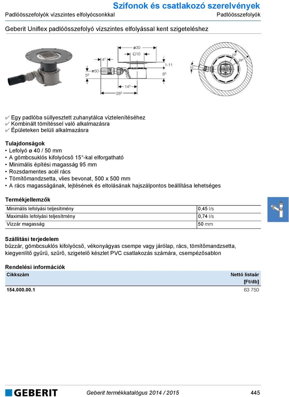 magasság 95 mm Rozsamentes acél rács Tömítőmanzsetta, vlies bevonat, 500 x 500 mm A rács magasságának, lejtésének és eltolásának hajszálpontos beállítása lehetséges Minimális lefolyási teljesítmény