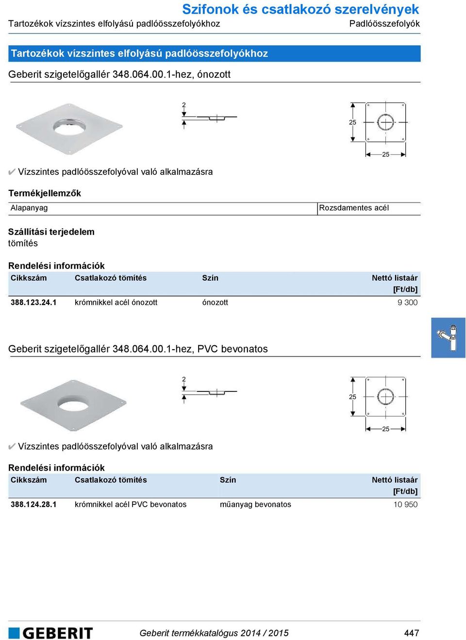 1-hez, ónozott 2 25 Vízszintes palóösszefolyóval való alkalmazásra 25 Rozsamentes acél tömítés Csatlakozó tömítés Szín 388.123.24.