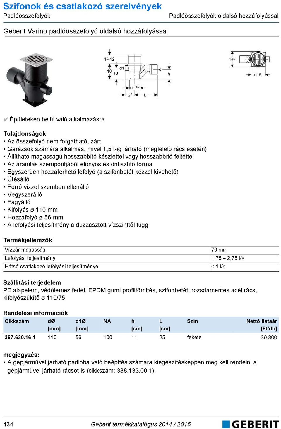 öntisztító forma Egyszerűen hozzáférhető lefolyó (a szifonbetét kézzel kivehető) Ütésálló Forró vizzel szemben ellenálló Vegyszerálló Fagyálló Kifolyás ø 110 mm Hozzáfolyó ø 56 mm A lefolyási