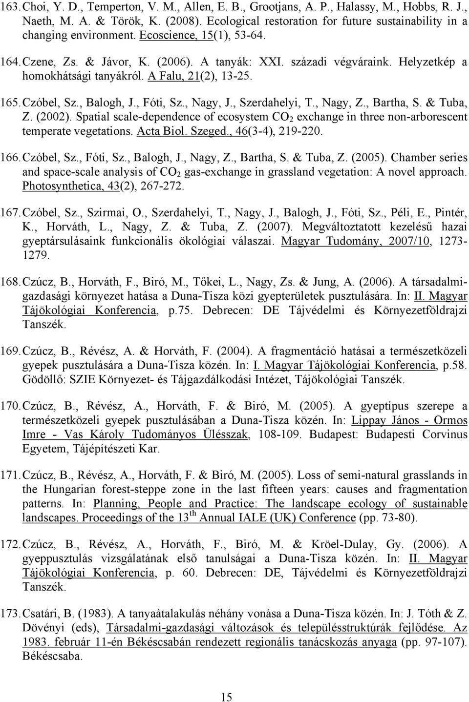 Helyzetkép a homokhátsági tanyákról. A Falu, 21(2), 13-25. 165. Czóbel, Sz., Balogh, J., Fóti, Sz., Nagy, J., Szerdahelyi, T., Nagy, Z., Bartha, S. & Tuba, Z. (2002).