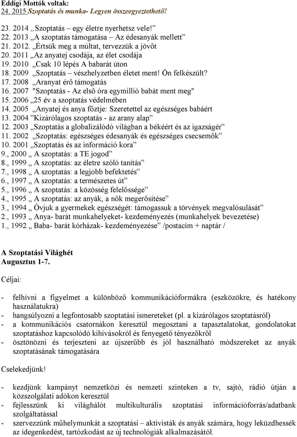 2008 Aranyat érő támogatás 16. 2007 "Szoptatás - Az első óra egymillió babát ment meg" 15. 2006 25 év a szoptatás védelmében 14. 2005 Anyatej és anya főztje: Szeretettel az egészséges babáért 13.