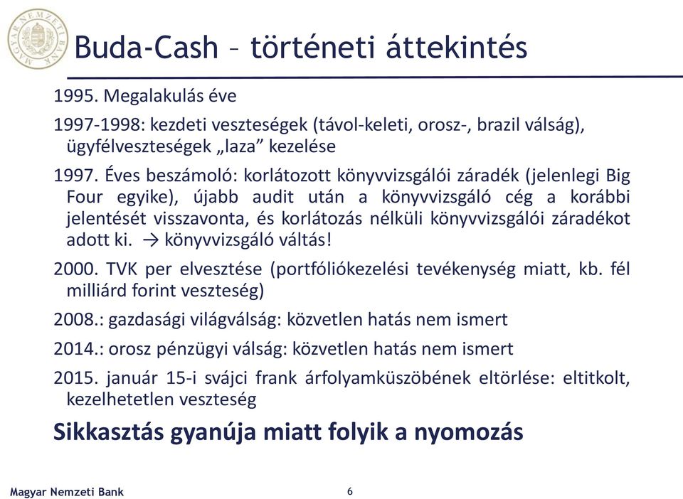 könyvvizsgálói záradékot adott ki. könyvvizsgáló váltás! 2000. TVK per elvesztése (portfóliókezelési tevékenység miatt, kb. fél milliárd forint veszteség) 2008.