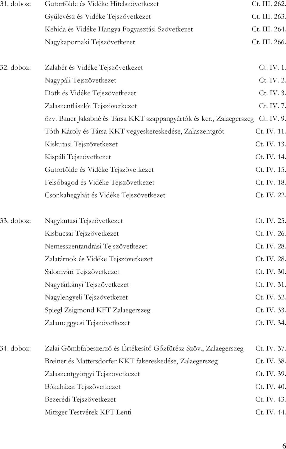 IV. 7. özv. Bauer Jakabné és Társa KKT szappangyártók és ker., Zalaegerszeg Ct. IV. 9. Tóth Károly és Társa KKT vegyeskereskedése, Zalaszentgrót Ct. IV. 11. Kiskutasi Tejszövetkezet Ct. IV. 13.