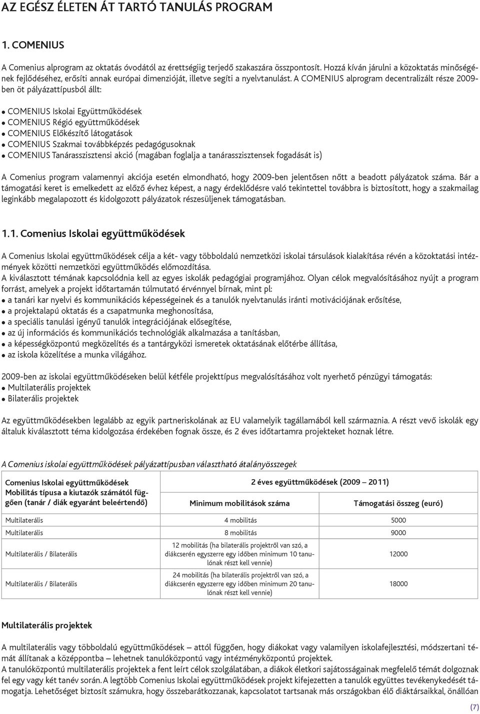 A COMENIUS alprogram decentralizált része 2009- ben öt pályázattípusból állt: COMENIUS Iskolai Együttműködések COMENIUS Régió együttműködések COMENIUS Előkészítő látogatások COMENIUS Szakmai