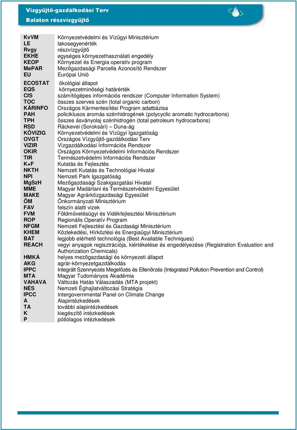 Európai Unió ökológiai állapot környezetminőségi határérték számítógépes információs rendszer (Computer Information System) összes szerves szén (total organic carbon) Országos Kármentesítési Program