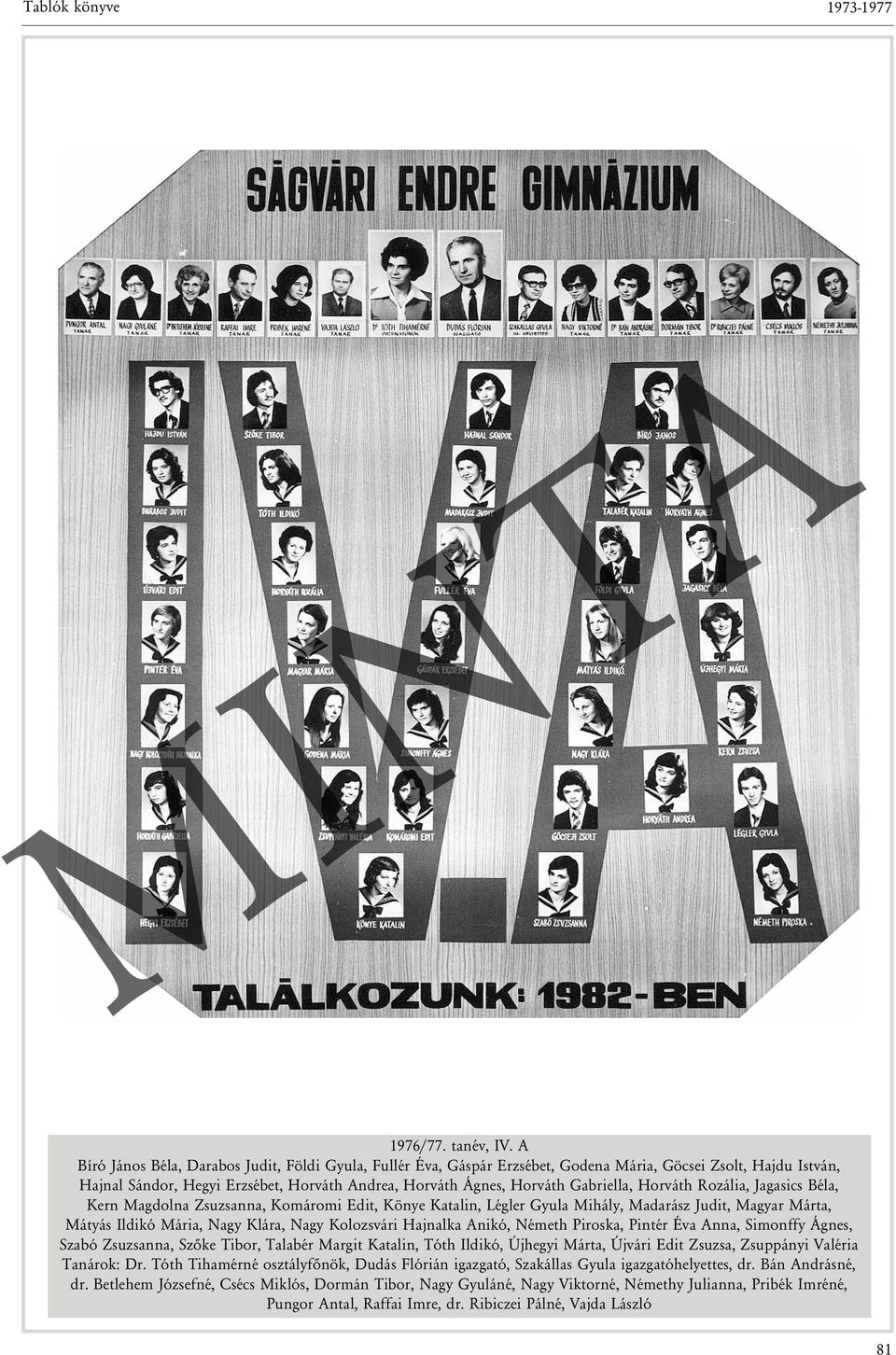 Horváth Rozália, Jagasics Béla, Kern Magdolna Zsuzsanna, Komáromi Edit, Könye Katalin, Légler Gyula Mihály, Madarász Judit, Magyar Márta, Mátyás Ildikó Mária, Nagy Klára, Nagy Kolozsvári Hajnalka