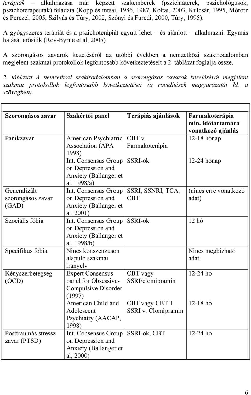 A szorongásos zavarok kezeléséről az utóbbi években a nemzetközi szakirodalomban megjelent szakmai protokollok legfontosabb következtetéseit a 2.