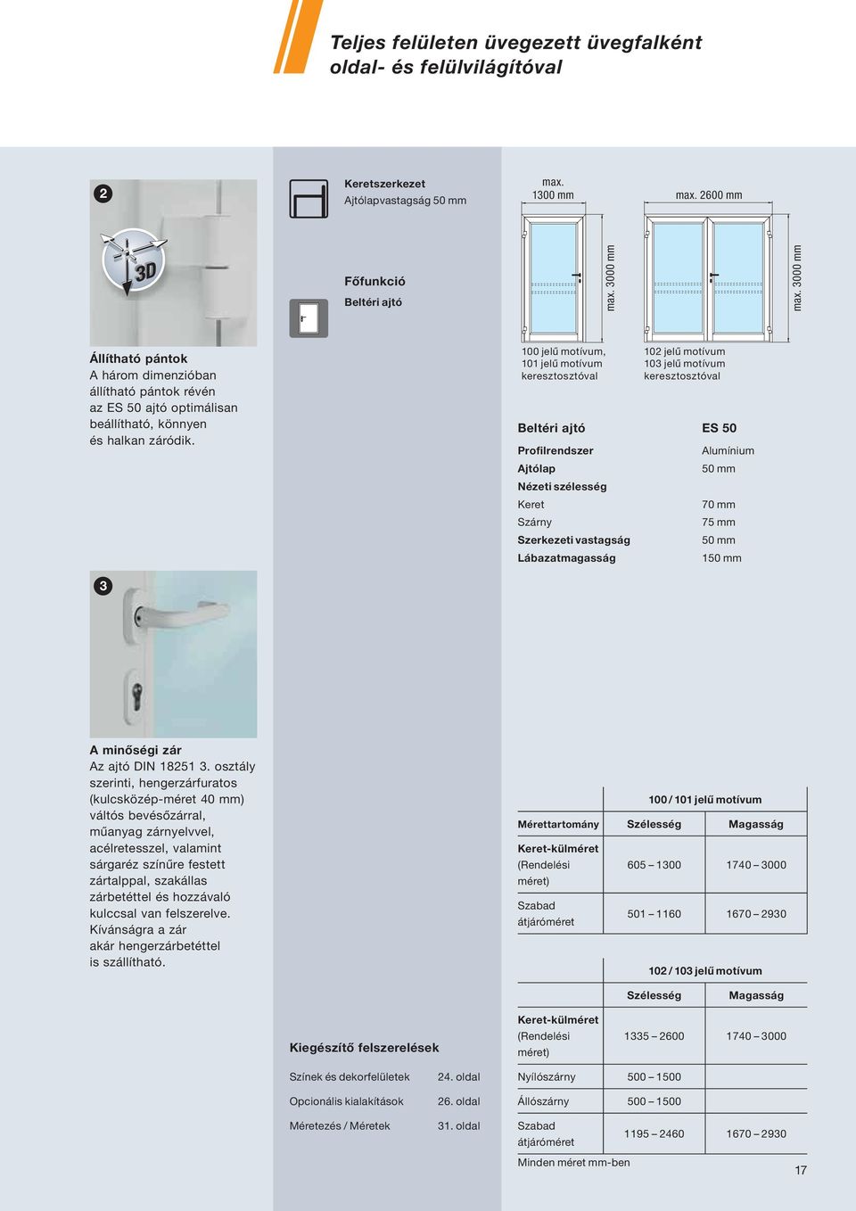 100 jelű motívum, 101 jelű motívum keresztosztóval Beltéri ajtó ES 50 Profilrendszer Ajtólap Nézeti szélesség Keret Szárny Szerkezeti vastagság Lábazatmagasság 10 jelű motívum 103 jelű motívum