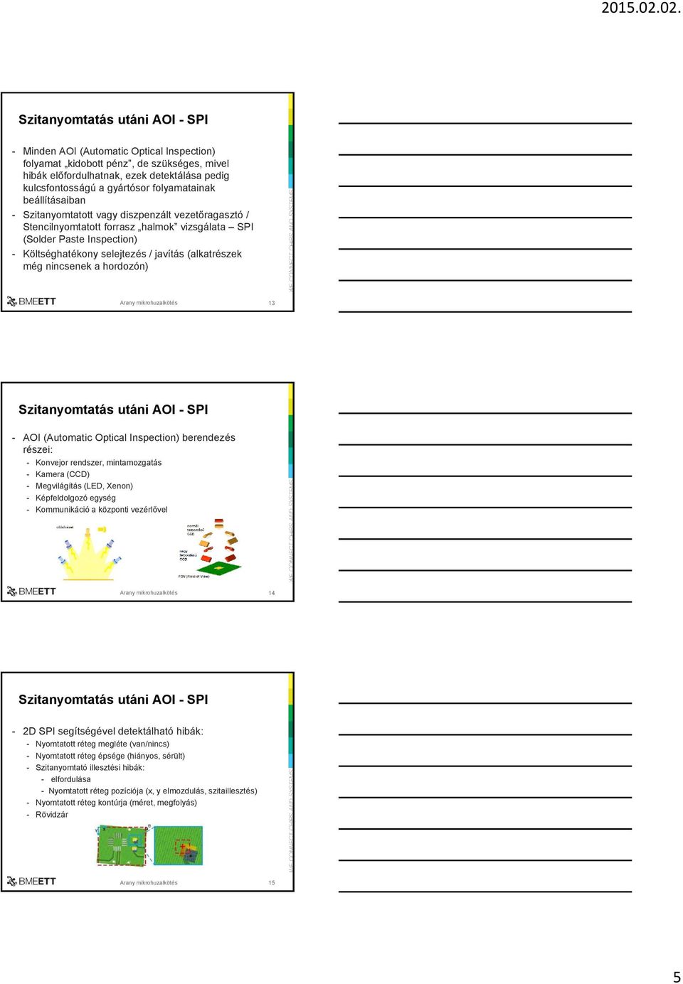hordozón) Arany mikrohuzalkötés 13 - AOI (Automatic Optical Inspection) berendezés részei: - Konvejor rendszer, mintamozgatás - Kamera (CCD) - Megvilágítás (LED, Xenon) - Képfeldolgozó egység -