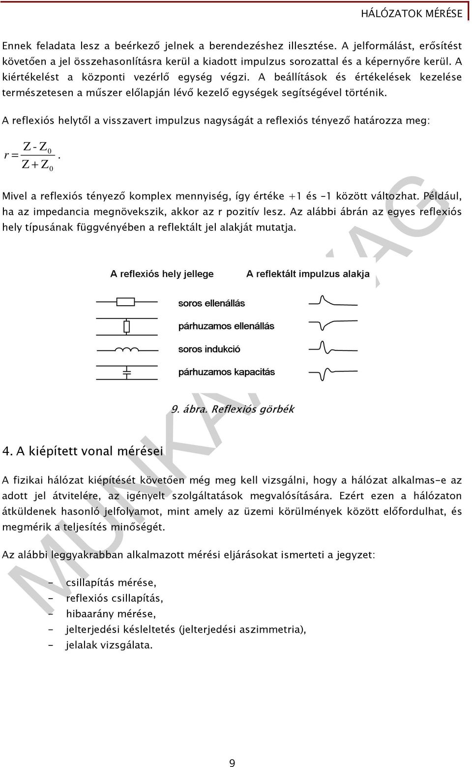 A reflexiós helytıl a visszavert impulzus nagyságát a reflexiós tényezı határozza meg: Z - Z 0 r =. Z + Z 0 Mivel a reflexiós tényezı komplex mennyiség, így értéke +1 és 1 között változhat.