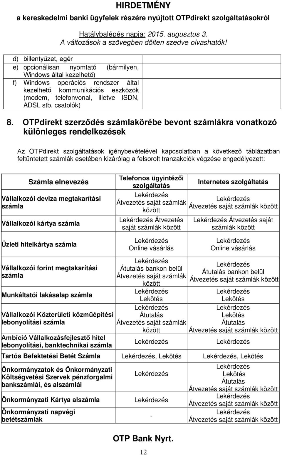 OTPdirekt szerződés számlakörébe bevont számlákra vonatkozó különleges rendelkezések Az OTPdirekt szolgáltatások igénybevételével kapcsolatban a következő táblázatban feltüntetett számlák esetében