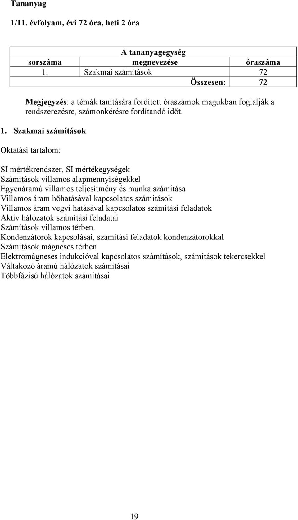 Szakmai számítások Oktatási tartalom: SI mértékrendszer, SI mértékegységek Számítások villamos alapmennyiségekkel Egyenáramú villamos teljesítmény és munka számítása Villamos áram hőhatásával