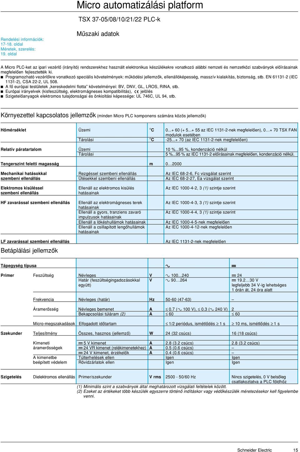 fejlesztették ki. c Programozható vezérlôkre vonatkozó speciális követelmények: mûködési jellemzôk, ellenállóképesség, masszív kialakítás, biztonság, stb. EN 61131-2 (IEC 1131-2), CSA 22-2, UL 508.