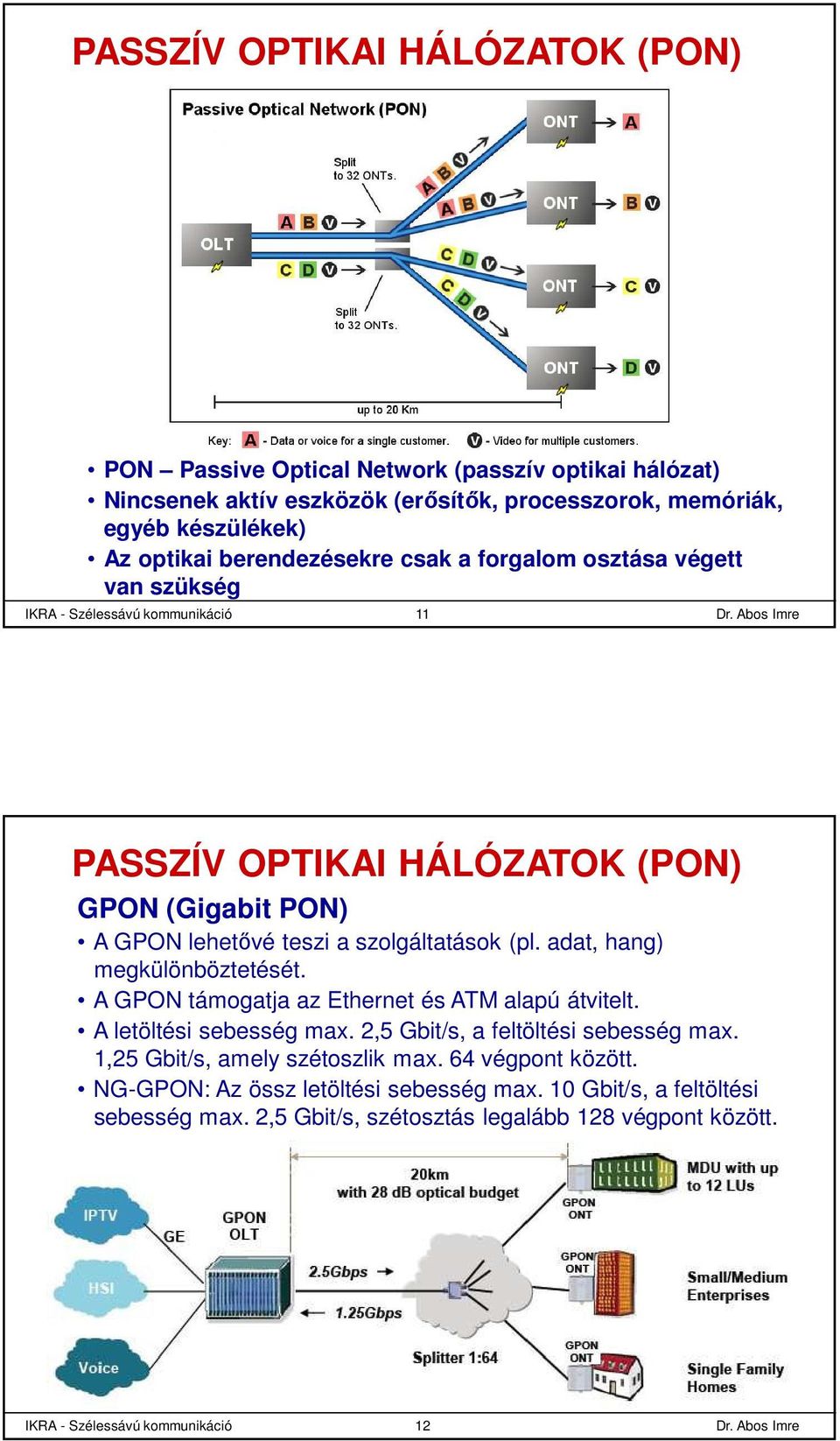 (pl. adat, hang) megkülönböztetését. A GPON támogatja az Ethernet és ATM alapú átvitelt. A letöltési sebesség max. 2,5 Gbit/s, a feltöltési sebesség max.