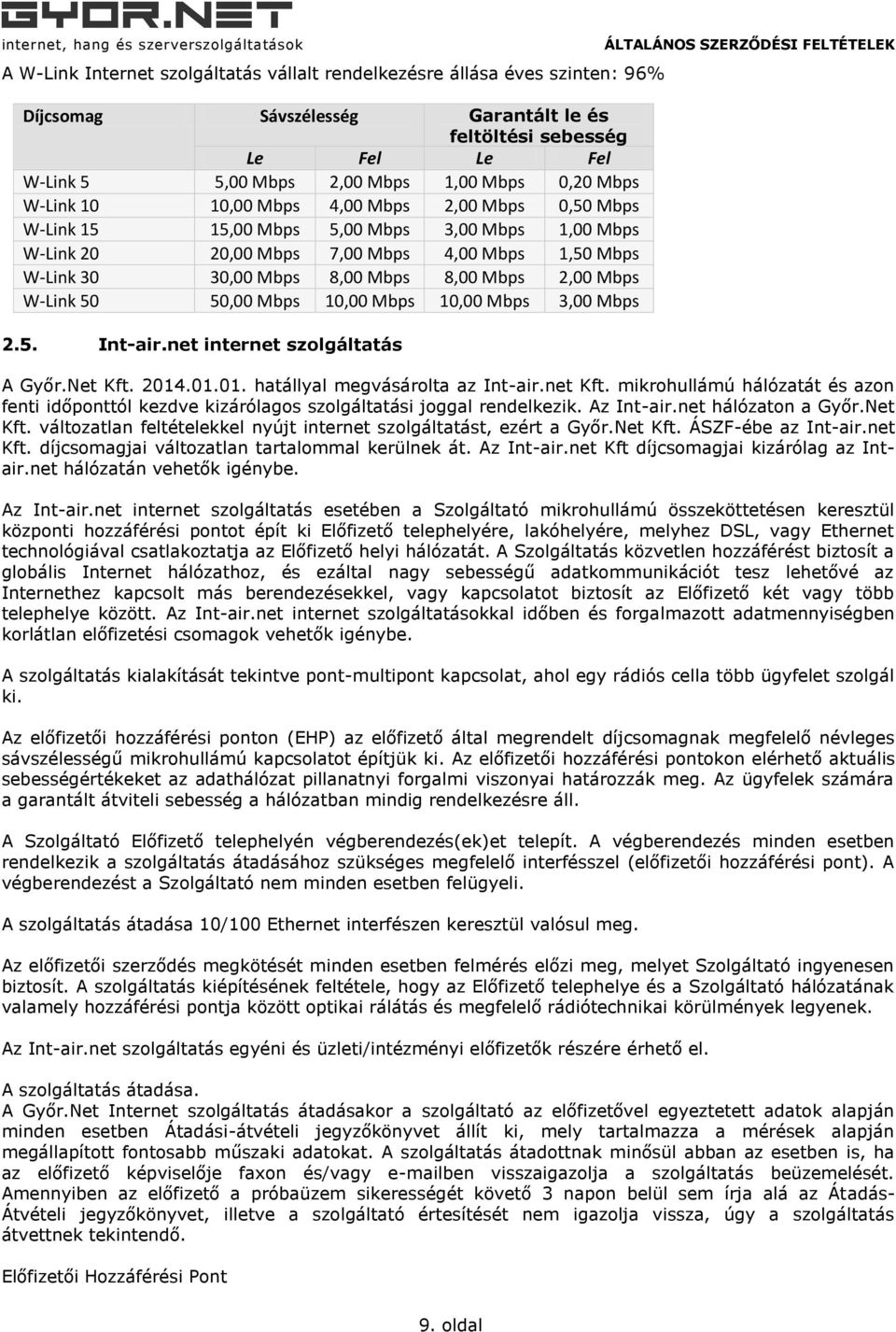 Mbps W-Link 50 50,00 Mbps 10,00 Mbps 10,00 Mbps 3,00 Mbps 2.5. Int-air.net internet szolgáltatás A Győr.Net Kft. 2014.01.01. hatállyal megvásárolta az Int-air.net Kft.