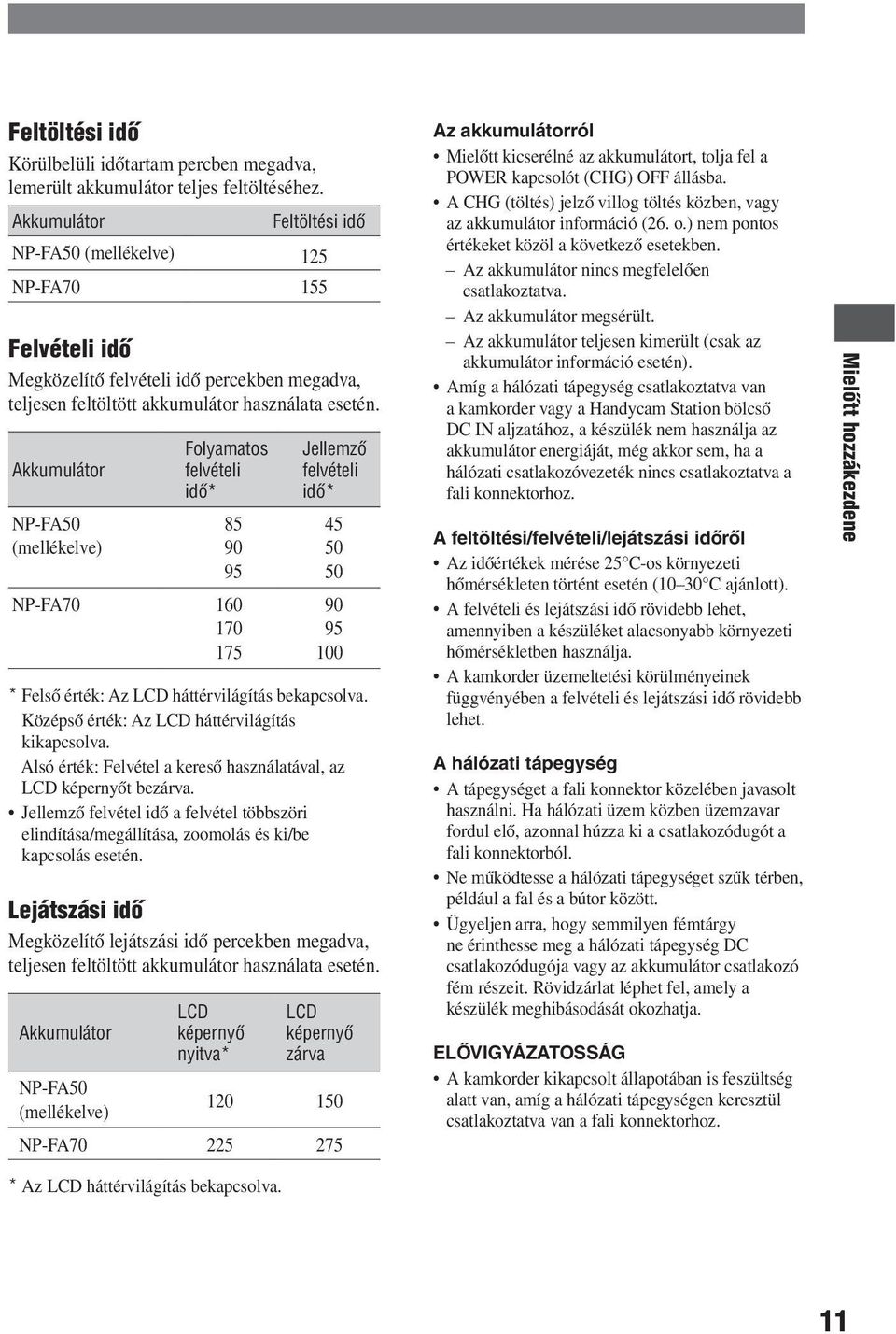Akkumulátor NP-FA50 (mellékelve) Folyamatos felvételi idő* 85 90 95 NP-FA70 160 170 175 Jellemző felvételi idő* 45 50 50 90 95 100 * Felső érték: Az LCD háttérvilágítás bekapcsolva.