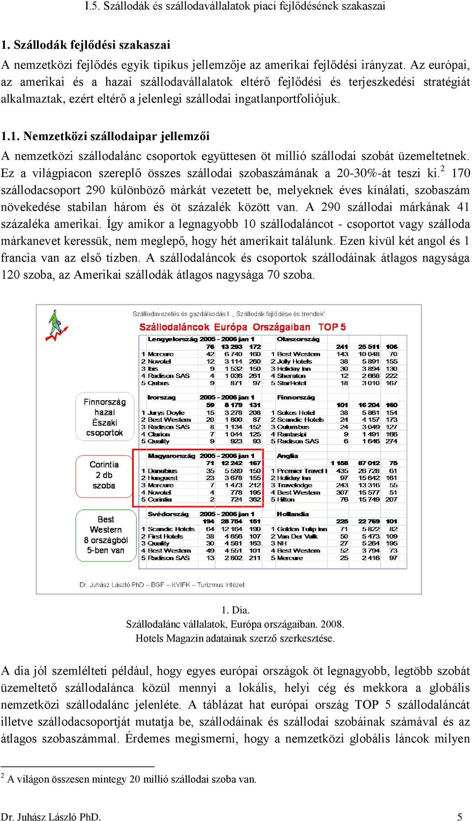 1. Nemzetközi szállodaipar jellemzői A nemzetközi szállodalánc csoportok együttesen öt millió szállodai szobát üzemeltetnek.