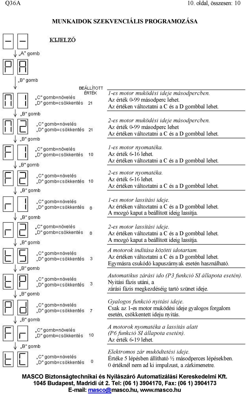 Az értéken változtatni a C és a D gombbal lehet. 2-es motor nyomatéka. Az érték 6-16 lehet. Az értéken változtatni a C és a D gombbal lehet. 1-es motor lassítási ideje.