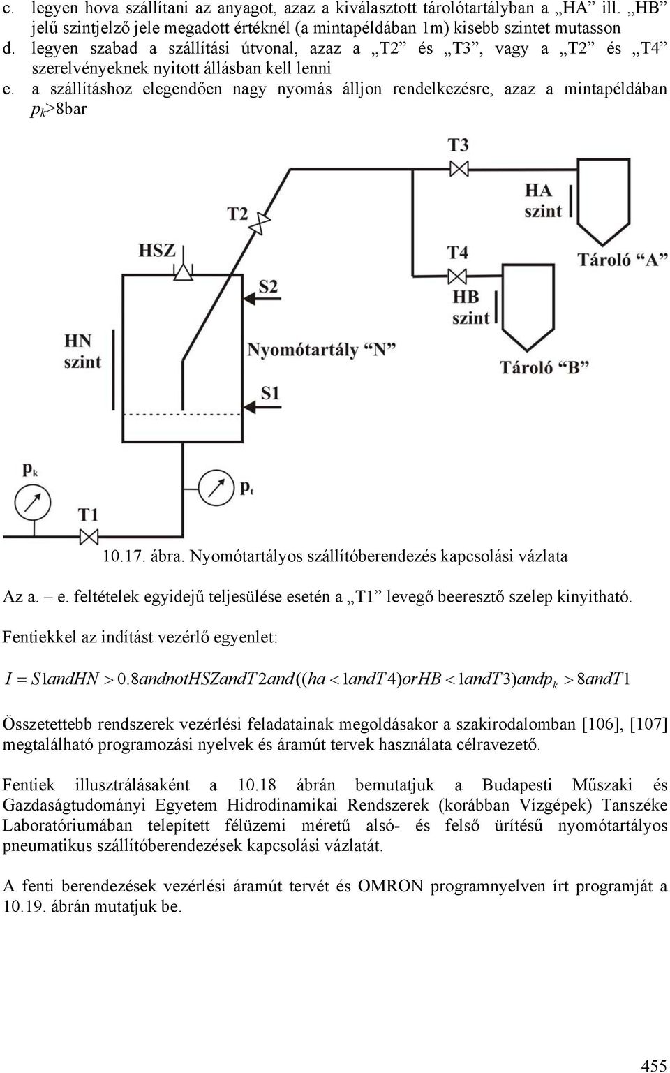 a szállításhoz elegendően nagy nyomás álljon rendelkezésre, azaz a mintapéldában p k >8bar 10.17. ábra. Nyomótartályos szállítóberendezés kapcsolási vázlata Az a. e. feltételek egyidejű teljesülése esetén a T1 levegő beeresztő szelep kinyitható.