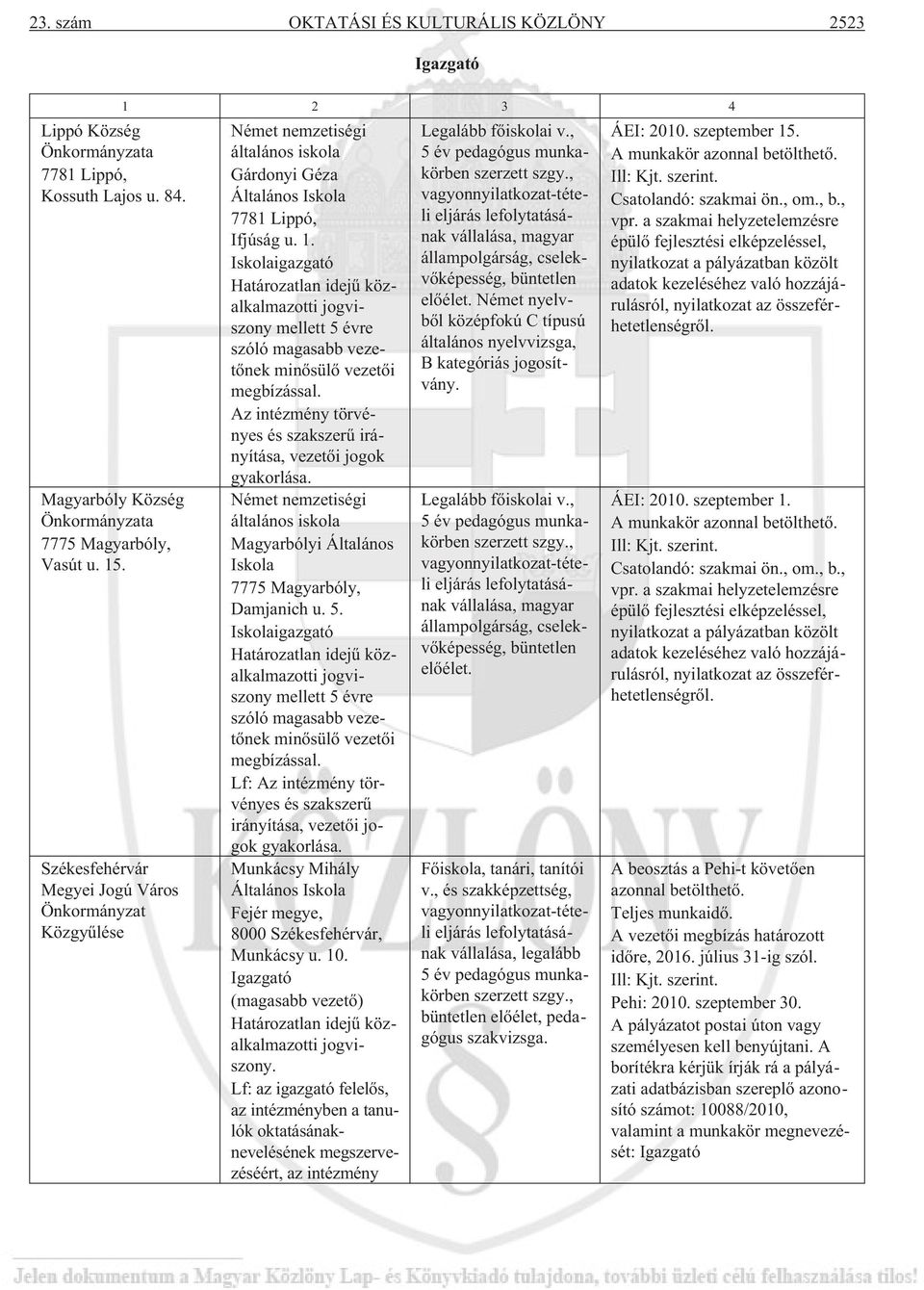 Iskolaigazgató Határozatlan idejû közalkalmazotti jogviszony mellett 5 évre szóló magasabb vezetõnek minõsülõ vezetõi megbízással.