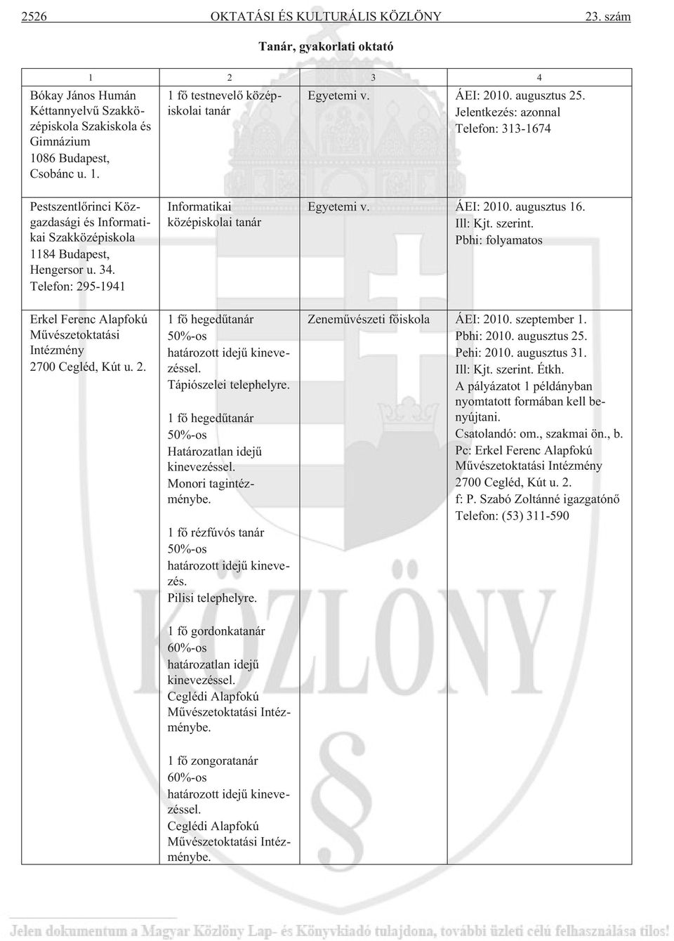 Telefon: 295-1941 Informatikai középiskolai tanár Egyetemi v. ÁEI: 2010. augusztus 16. Pbhi: folyamatos Erkel Ferenc Alapfokú Mûvészetoktatási Intézmény 2700 Cegléd, Kút u. 2. 1 fõ hegedûtanár 50%-os határozott idejû kinevezéssel.