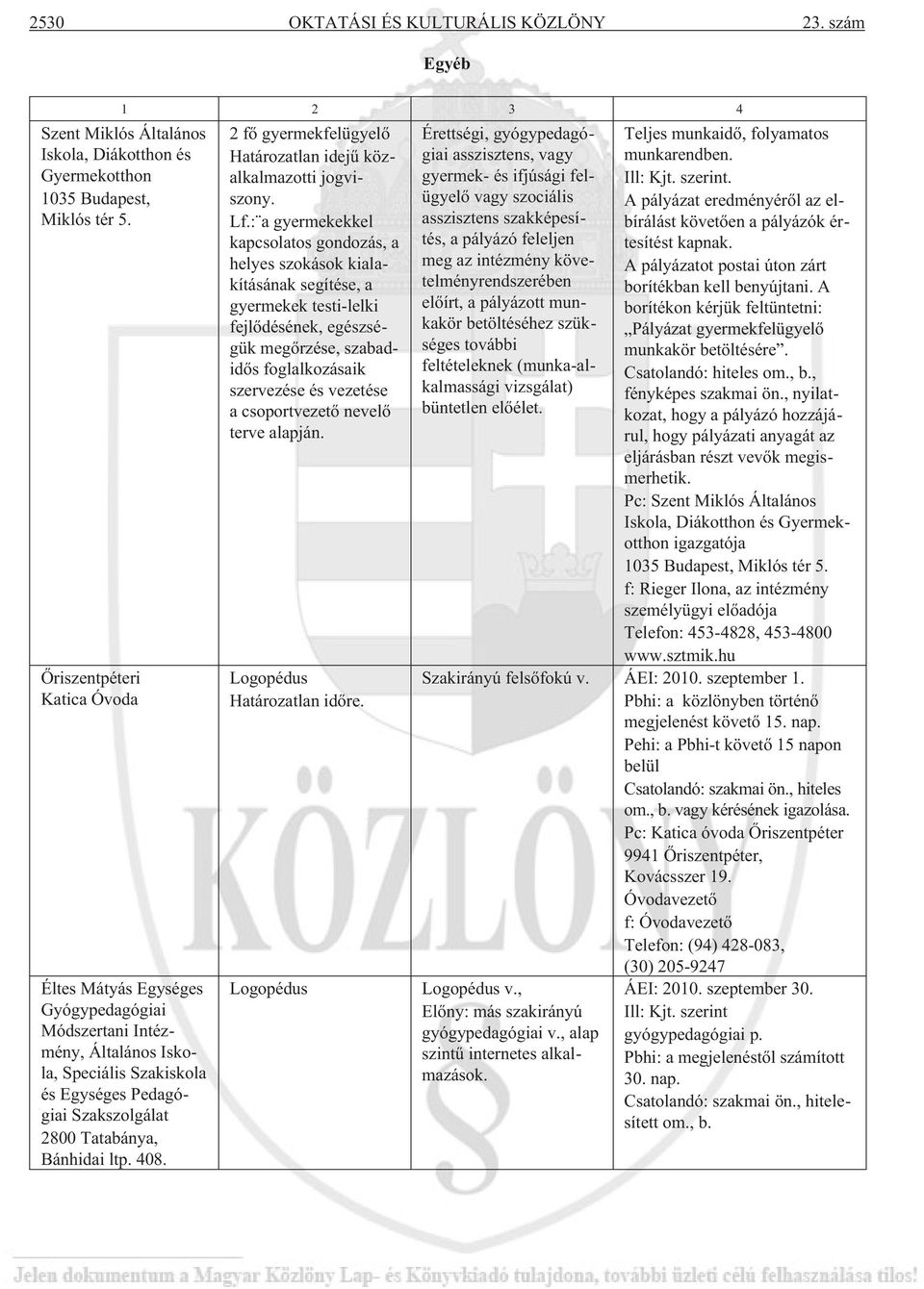 2 fõ gyermekfelügyelõ Határozatlan idejû közalkalmazotti jogviszony. Lf.