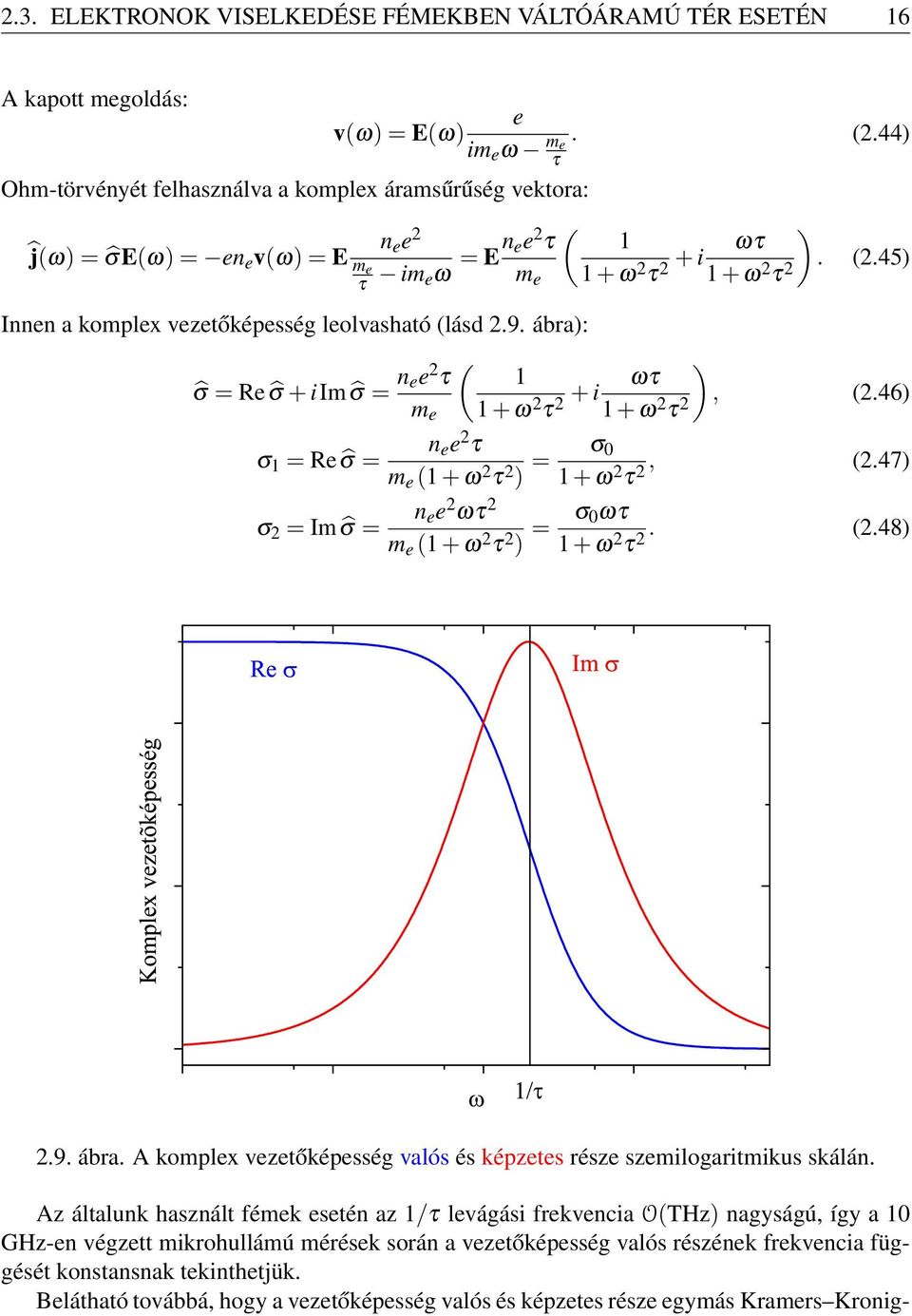 45) Innen a komplex vezetőképesség leolvasható (lásd 2.9. ábra): σ = Re σ + iim σ = n ee 2 ( τ m e 1 1 + ω 2 τ 2 + i ωτ 1 + ω 2 τ 2 ), (2.