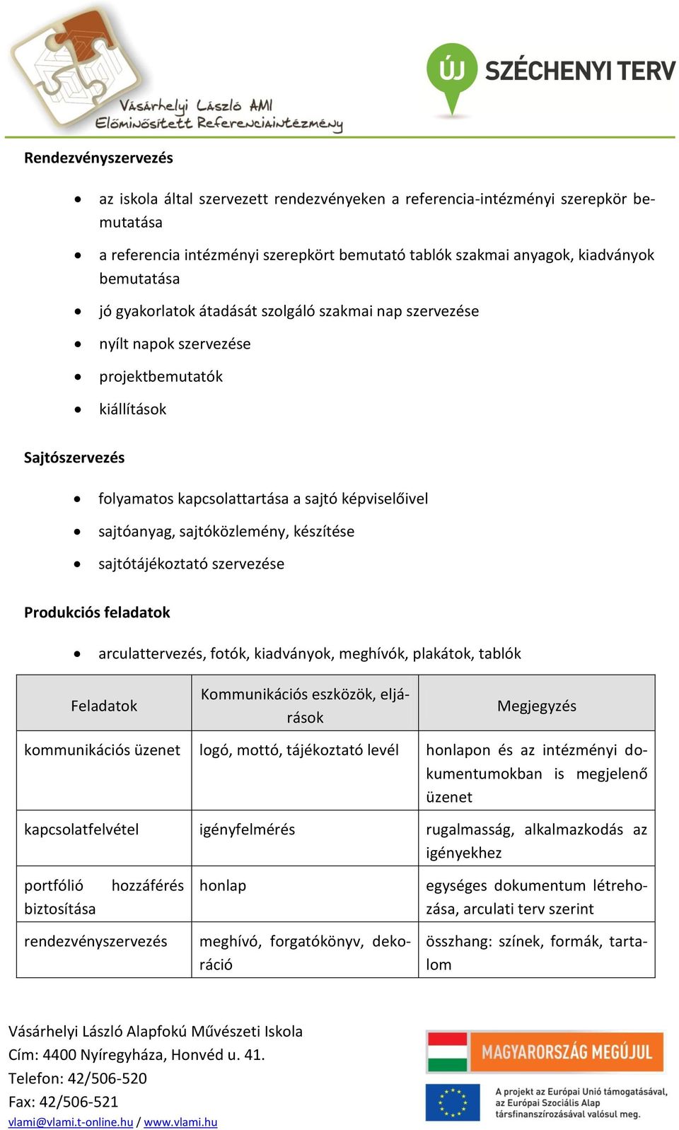 készítése sajtótájékoztató szervezése Produkciós feladatok arculattervezés, fotók, kiadványok, meghívók, plakátok, tablók Feladatok Kommunikációs eszközök, eljárások Megjegyzés kommunikációs üzenet