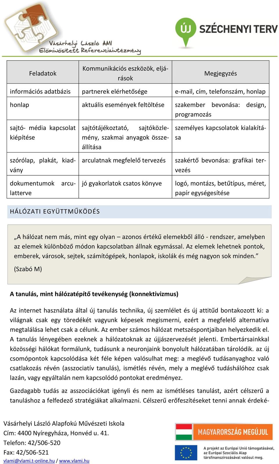 szakértő bevonása: grafikai tervezés arcu- dokumentumok latterve jó gyakorlatok csatos könyve logó, montázs, betűtípus, méret, papír egységesítése HÁLÓZATI EGYÜTTMŰKÖDÉS A hálózat nem más, mint egy
