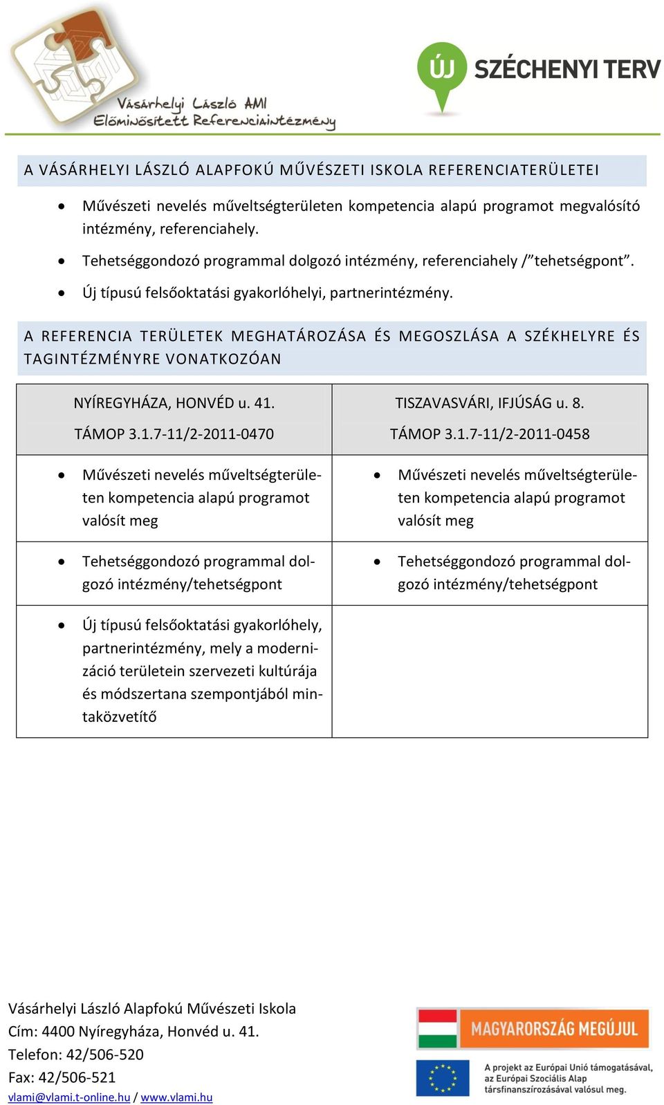 A REFERENCIA TERÜLETEK MEGHATÁROZÁSA ÉS MEGOSZLÁSA A SZÉKHELYRE ÉS TAGINTÉZMÉNYRE VONATKOZÓAN NYÍREGYHÁZA, HONVÉD u. 41.