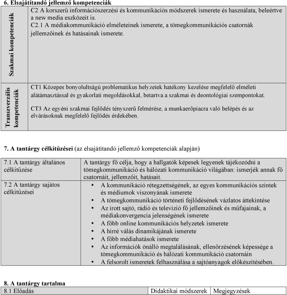 és deontológiai szempontokat. CT3 Az egyéni szakmai fejlődés tényszerű felmérése, a munkaerőpiacra való belépés és az elvárásoknak megfelelő fejlődés érdekében. 7.