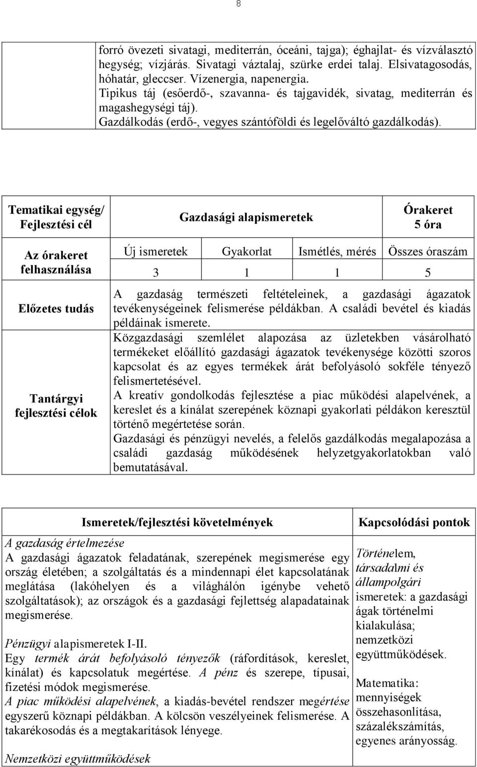 Tematikai egység/ Fejlesztési cél Gazdasági alapismeretek Órakeret 5 óra Az órakeret felhasználása Előzetes tudás Tantárgyi fejlesztési célok Új ismeretek Gyakorlat Ismétlés, mérés Összes óraszám 3 1