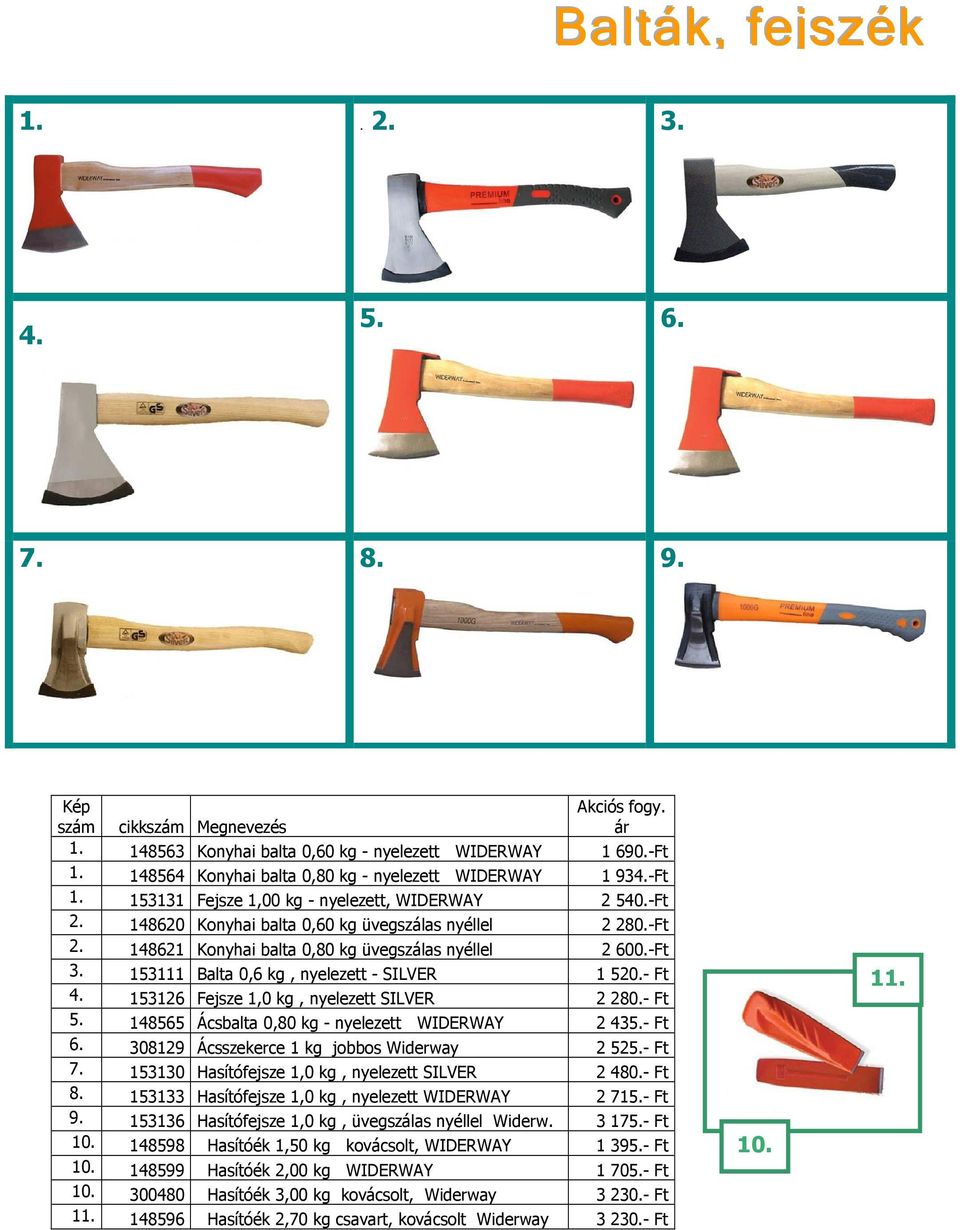 153111 Balta 0,6 kg, nyelezett - SILVER 1 520.- Ft 153126 Fejsze 1,0 kg, nyelezett SILVER 2 280.- Ft 5. 148565 Ácsbalta 0,80 kg - nyelezett WIDERWAY 2 435.- Ft 6.