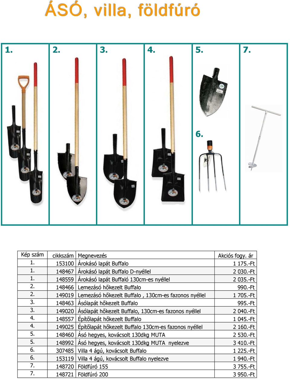 -Ft 148557 Építılapát hıkezelt Buffalo 1 045.-Ft 149025 Építılapát hıkezelt Buffalo 130cm-es fazonos nyéllel 2 160.-Ft 5. 148460 Ásó hegyes, kovácsolt 130dkg MUTA 2 530.-Ft 5. 148992 Ásó hegyes, kovácsolt 130dkg MUTA nyelezve 3 410.