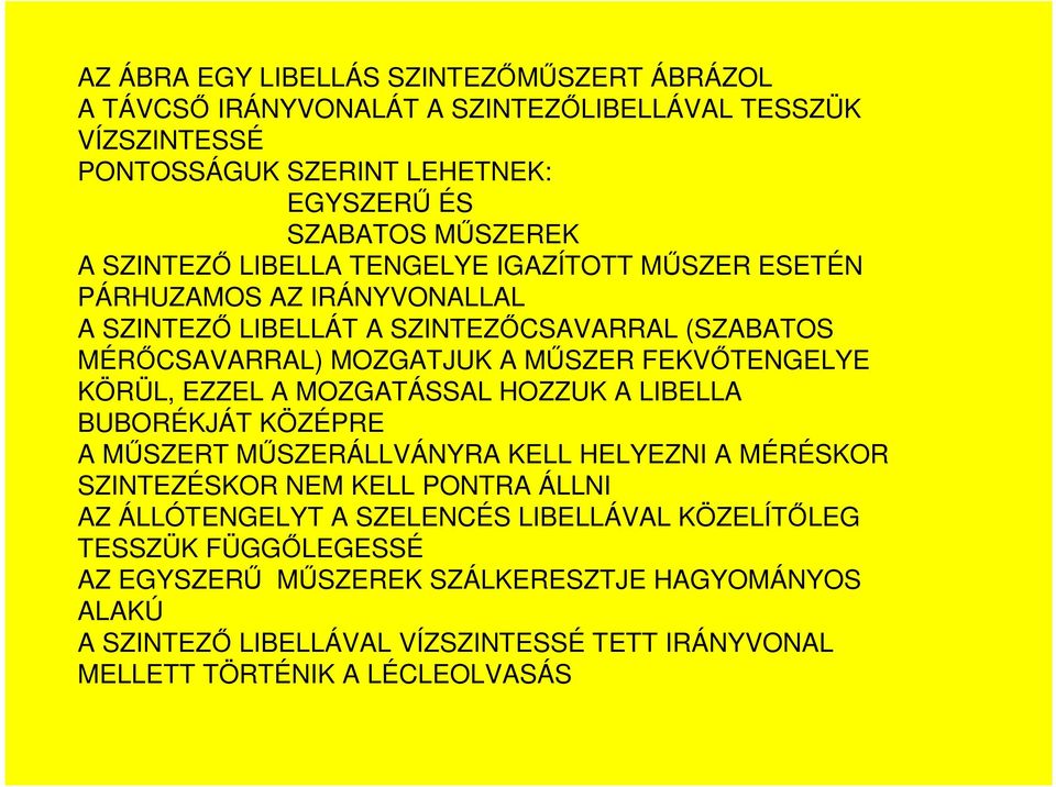 KÖRÜL, EZZEL A MOZGATÁSSAL HOZZUK A LIBELLA BUBORÉKJÁT KÖZÉPRE A MŐSZERT MŐSZERÁLLVÁNYRA KELL HELYEZNI A MÉRÉSKOR SZINTEZÉSKOR NEM KELL PONTRA ÁLLNI AZ ÁLLÓTENGELYT A