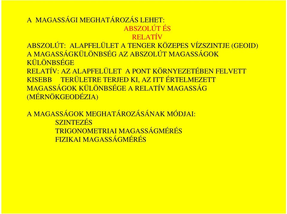 KÖRNYEZETÉBEN FELVETT KISEBB TERÜLETRE TERJED KI, AZ ITT ÉRTELMEZETT MAGASSÁGOK KÜLÖNBSÉGE A RELATÍV