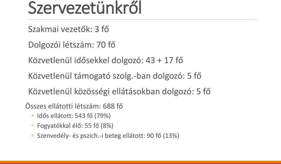 -ban dolgozó: 5 fő Közvetlenül közösségi ellátásokban dolgozó: 5 fő Összes ellátotti