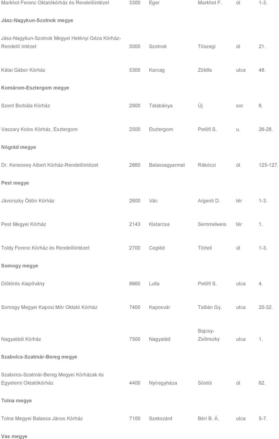 Kenessey Albert Kórház-Rendelőintézet 2660 Balassagyarmat Rákóczi út 125-127. Pest megye Jávorszky Ödön Kórház 2600 Vác Argenti D. tér 1-3. Pest Megyei Kórház 2143 Kistarcsa Semmelweis tér 1.